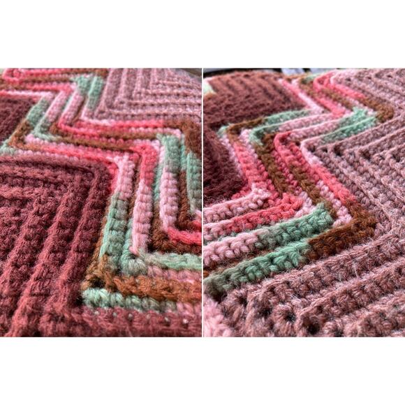 64" x 66" Chevron Wave Pattern Crocheted Throw Blanket Dark Pink Vintage Afgan - Picture 3 of 3